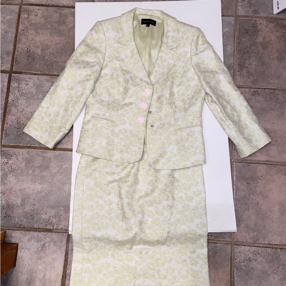 Vintage Isabel & Nina Cream/Mint floral 2pc Skirt Blouse Suit Women’s 12